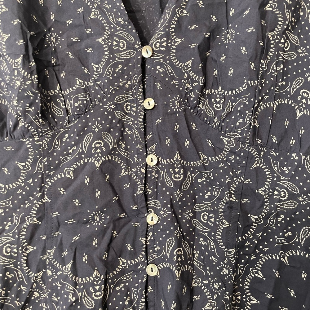 Madewell Shirred Button Front Navy Cream Paisley Print Dress Size 8 - Picture 6 of 9